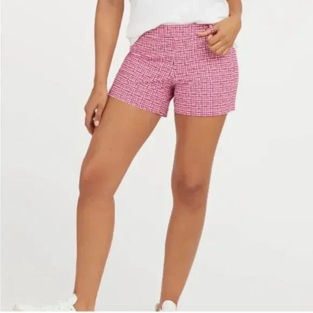 Spanx Casual Activewear Stretch Pink Hibiscus Gingham Sunshine Shorts Size XL